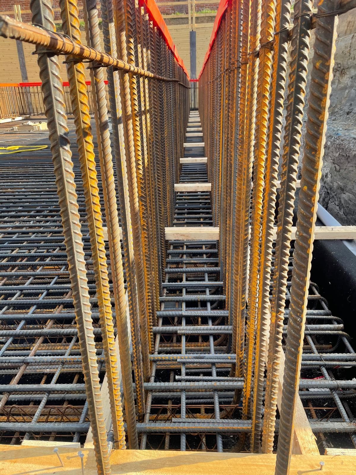 Dense vertical rebar columns rising from a basement slab, Market Harborough